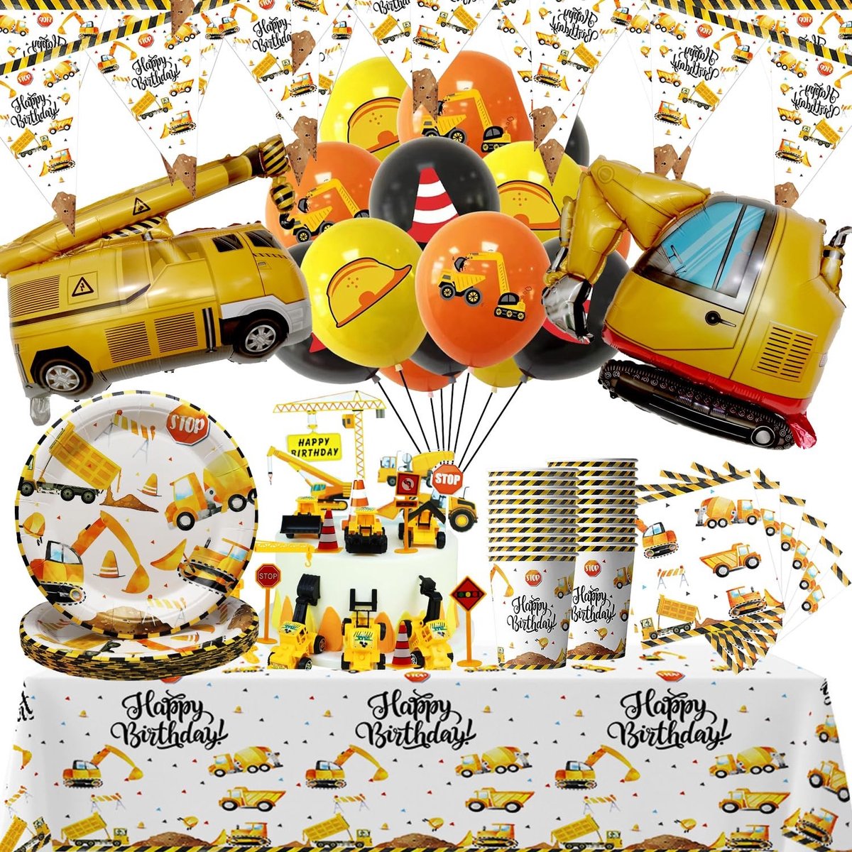 Solidchoice - Verjaardagset voor Kinderen, 101 Stuks met Graafmachine Thema