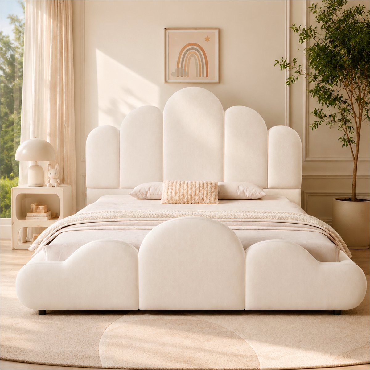 Gestoffeerd bed - kinderbed 90 x 200 cm - met gestoffeerd hoofdeinde - afgeronde hoeken - fluweel - beige - zonder matras