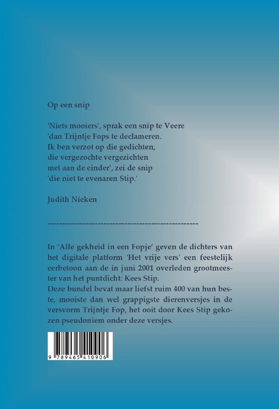 Achterkant van een boek met een gedicht en tekst over een bundel dierversjes.