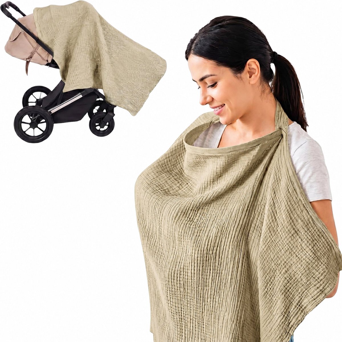 Kaiyaya - 1 stuk Borstvoedingsdoek - 100% katoen mousseline - Beige en verstelbaar - Ademend en zacht - Voor privacy tijdens voeden