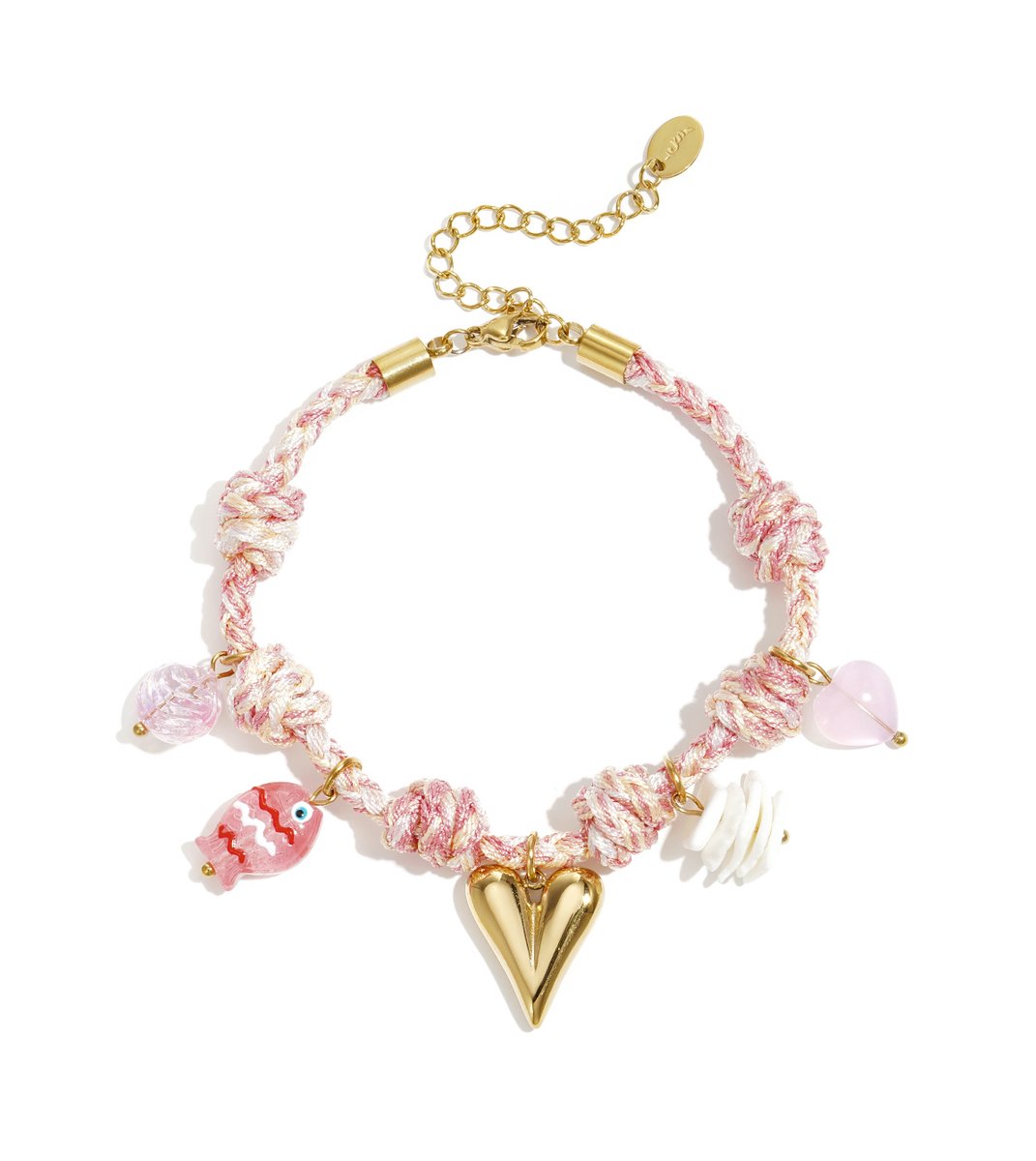 Armband - Vis en hartjes - Club Spice collectie - Verstelbaar - Roze, goudkleurig - Romantisch, beach - Damesdingetjes