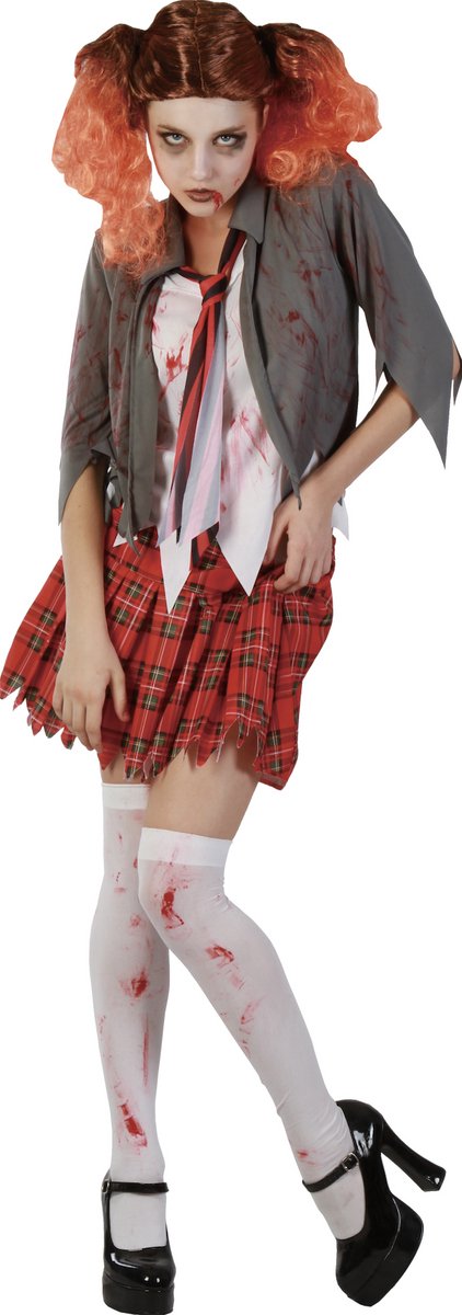 Joya Party® Zombie Schoolmeisje Verkleedkostuum Dames | Halloween Kostuum Volwassenen | Zombie Schoolgirl Outfit | Horror Verkleedpak | Incl. Rok, Shirt met Vest & Stropdas | Maat M/L