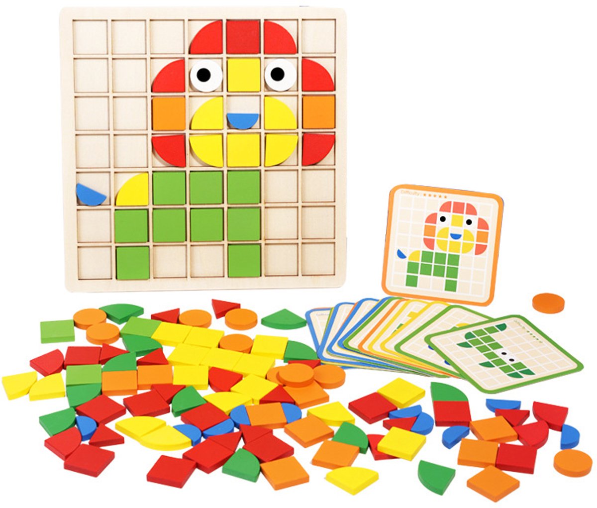 Montessori-speelgoed: Legpatronen met 120 gekleurde houten vormblokken en 20 voorbeeldkaarten – klassieke geometrische puzzels voor kleuters (jongens en meisjes)