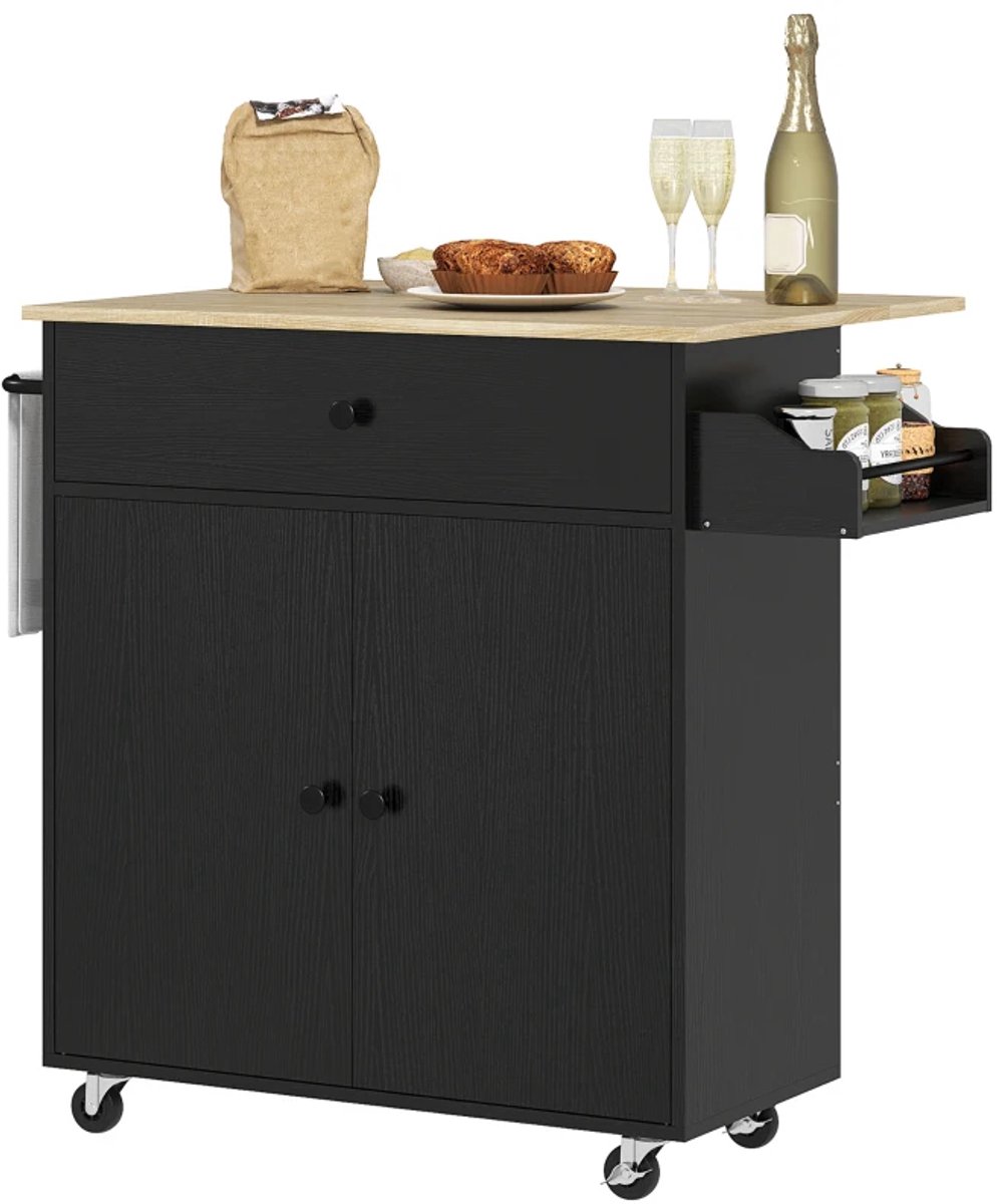Keukeneiland - Verplaatsbaar - Keukenkast - Dressoir - Organizer - Kasten - Houten Werkblad - Eikenlook werkblad met zwarte behuizing