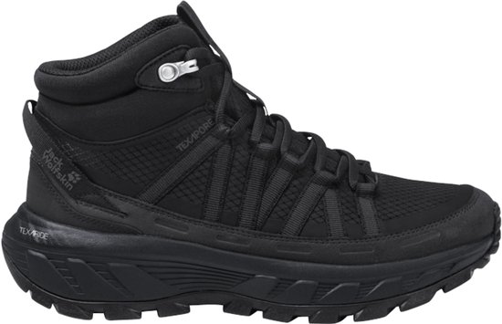 Zwarte Jack Wolfskin hoge wandelschoen met "TEXAPORE" opdruk, zijkant weergave.