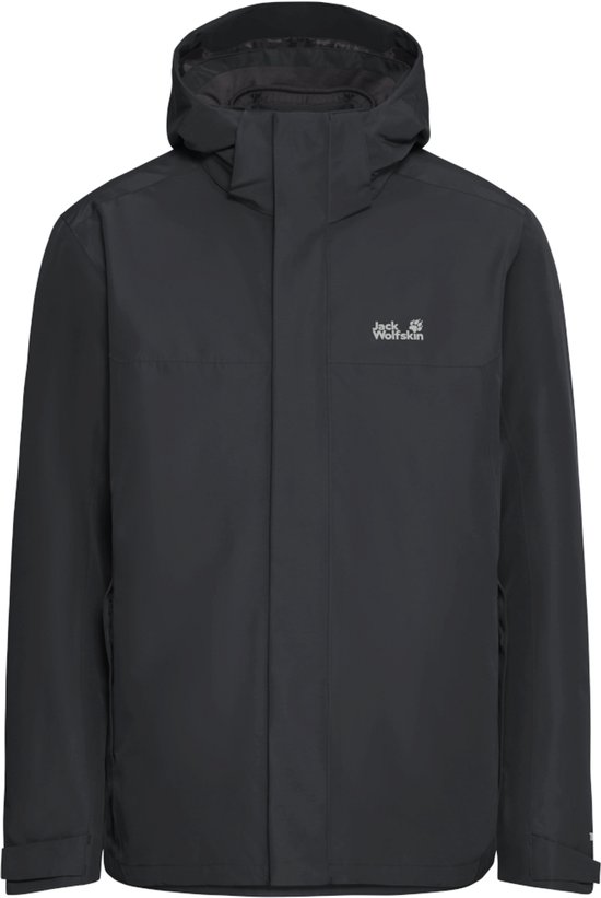 Veste noire Jack Wolfskin 3-en-1 avec capuche et logo sur la poitrine.