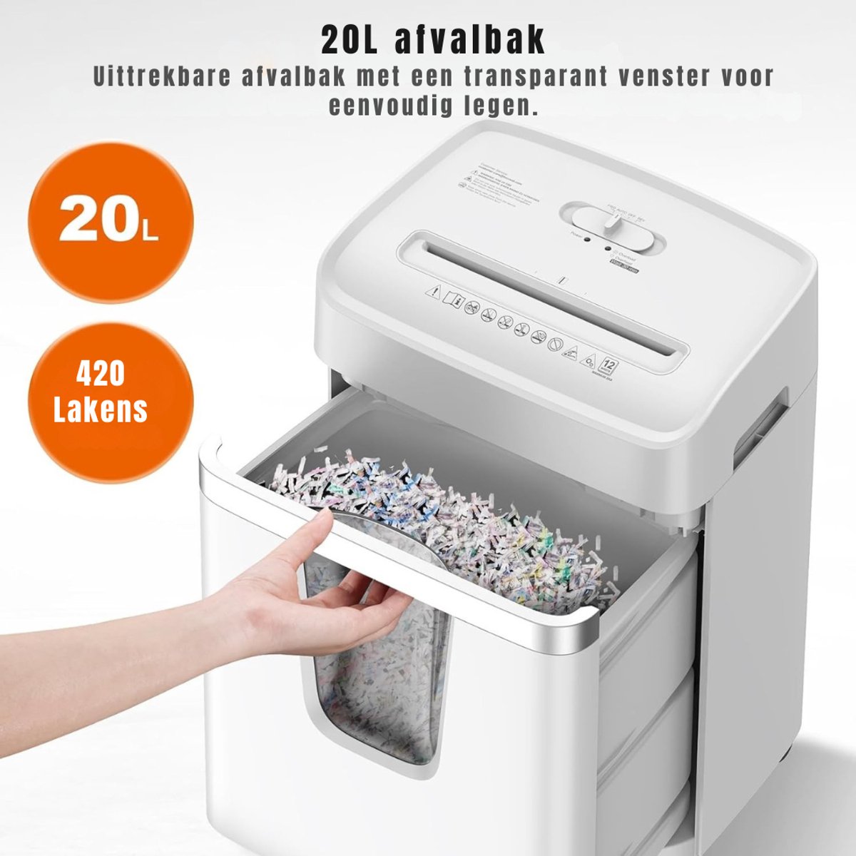 QUOVO® Papierversnipperaar voor thuis en op kantoor - 12 vellen P4 - snel versnipperen - oververhittingsbeveiliging - 16 liter papieren emmer - Wit - 24cm x 35cm x 52cm