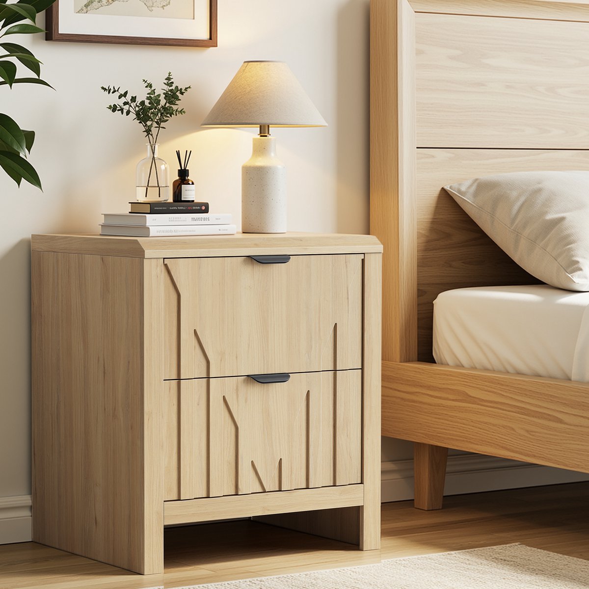 MIVRAY Nachtkastje - Met 2 Lades En Eikenlook - Compact Opbergmeubel Voor Slaapkamer En Woonruimte - MDF En Spaanplaat - 48x40x55,5 Cm