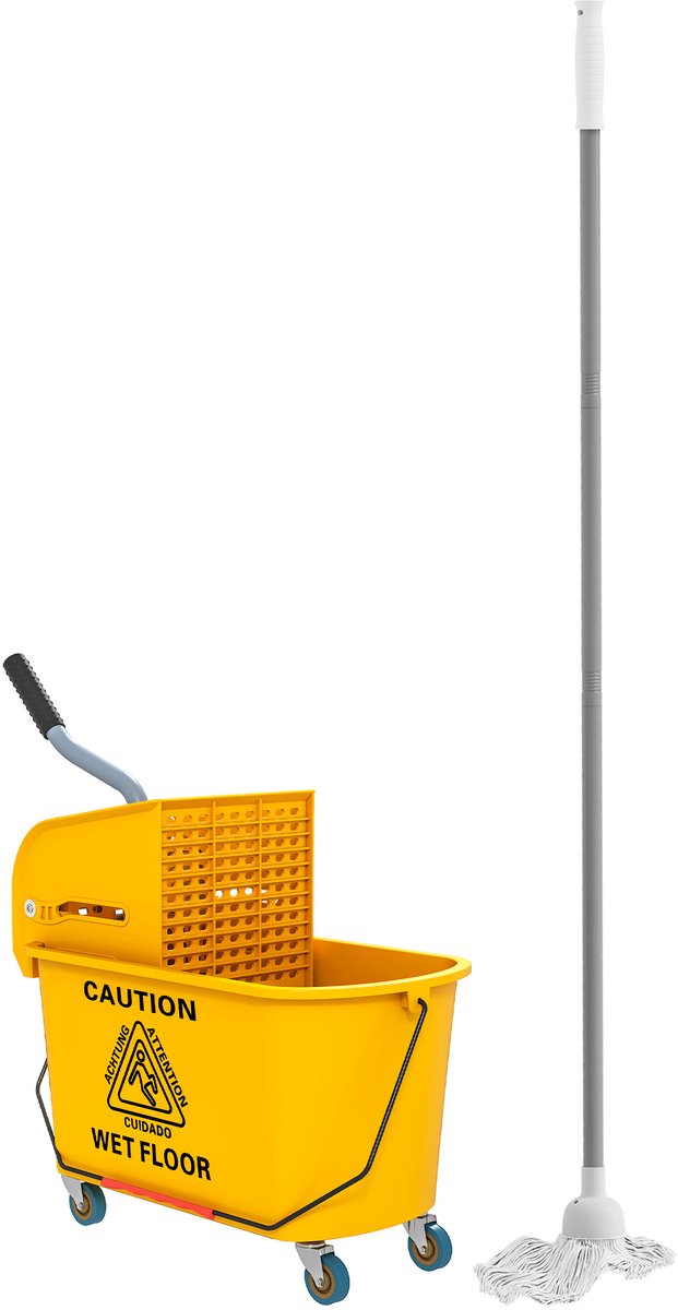 Schoonmaakkar - 20L - met 4 Universele Wielen - met Wringer, Veegset, Emmer incl. Dweil & Rol - Geel