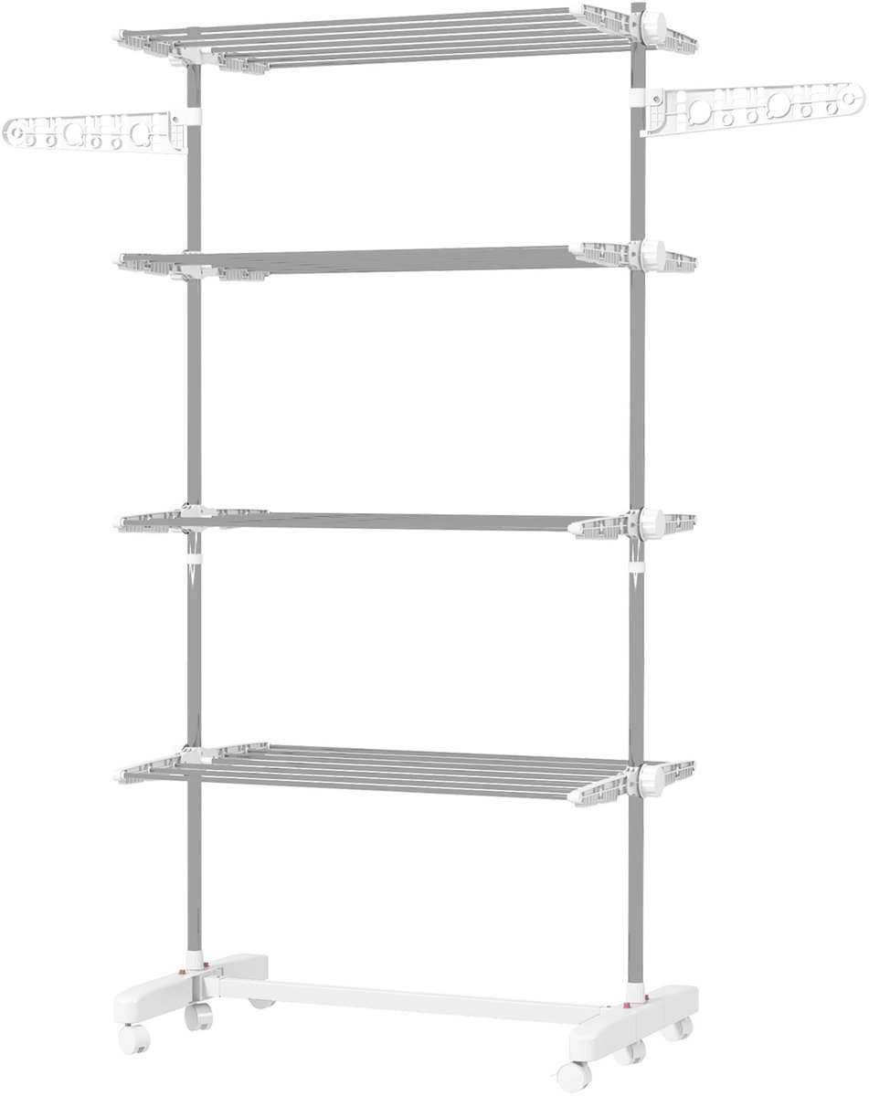 Droogrek - inklapbaar - zijvleugels - voor binnen en buiten - 142 x 55 x 152 cm - 4 niveaus - 6 wielen - frame van roestvrij staal - wit