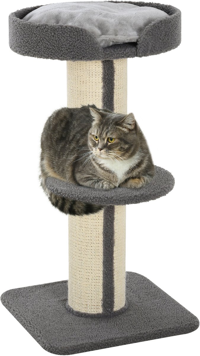Kattenboom - comfortabele ligplaats - hoogte 91 cm - voor kleine & grote katten - grijs - Klim- en krabpaal voor katten-van pluche - met een speelcentrum met 2 platforms