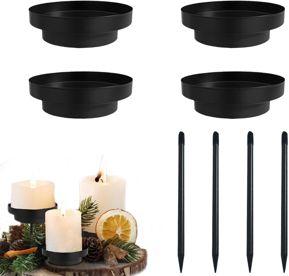 Thijox - 4 Set Kaarsenhouders Adventskrans Zwart, 2-in-1 Metaal Kaarsenhouder voor Stokkaarsen, 8 cm Afneembare Kaarsensteker voor Feestdagen en Decor