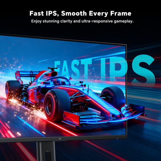 Een rode en blauwe raceauto scheurt over een circuit, met gloeiende lijnen en vonken. Beeld met tekst 'Fast IPS'.