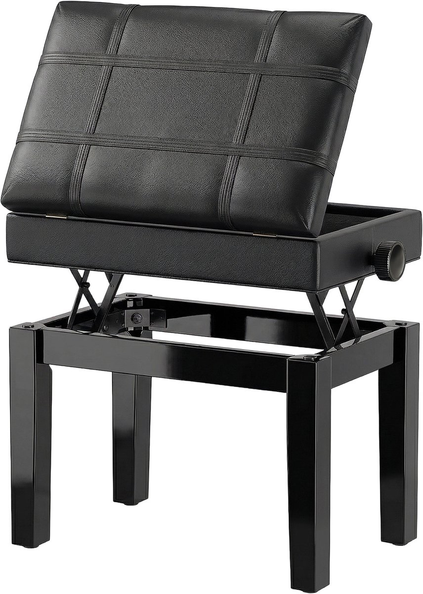 Pianokruk pianobank piano bank make-upkruk kruk met opbergruimte in hoogte verstelbaar (63 x 35 x (45-56) cm), rubberhout, zitkussens van zwarte synthetische stof
