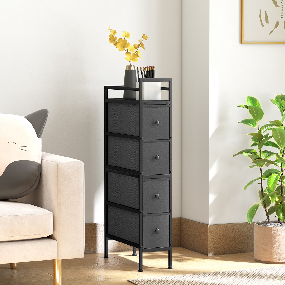 ECTEATOY® Smalle Ladekast - opbergkast Met 4 Stoffen Laden - Stalen Frame - 43x20x81,5 cm - Zwart