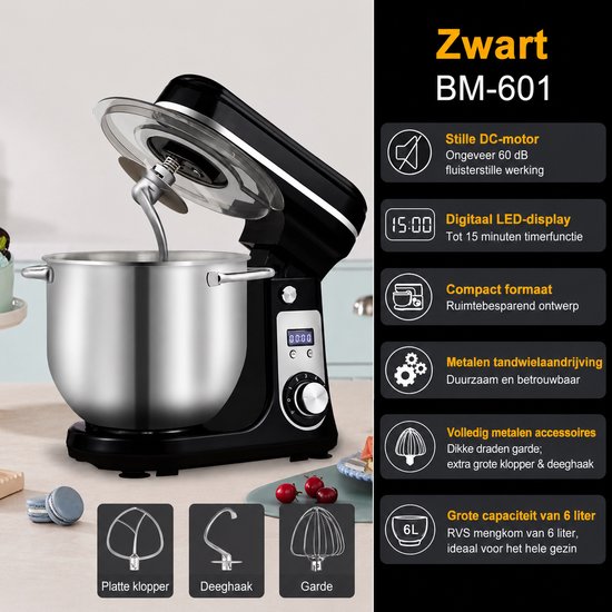 AALVERO - Deegmixer - Keukenmachine - Zweepdeegkneder - Inclusief accessoires - 6 snelheden - 6L - Stille motor - 1200W - Zwart — afbeelding 5