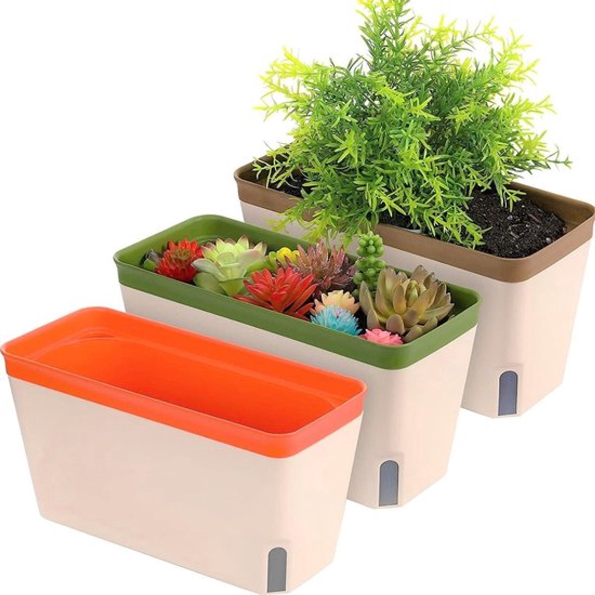 Set van 3 Zelfbewaterende Plantenpotten, 27 cm, Rechthoekige Plastic Bloempotten voor Tuinplanten, Bonsai, Aloe Vera, Orchideeën en Vetplanten met Waterpeilvenster en Afvoergat