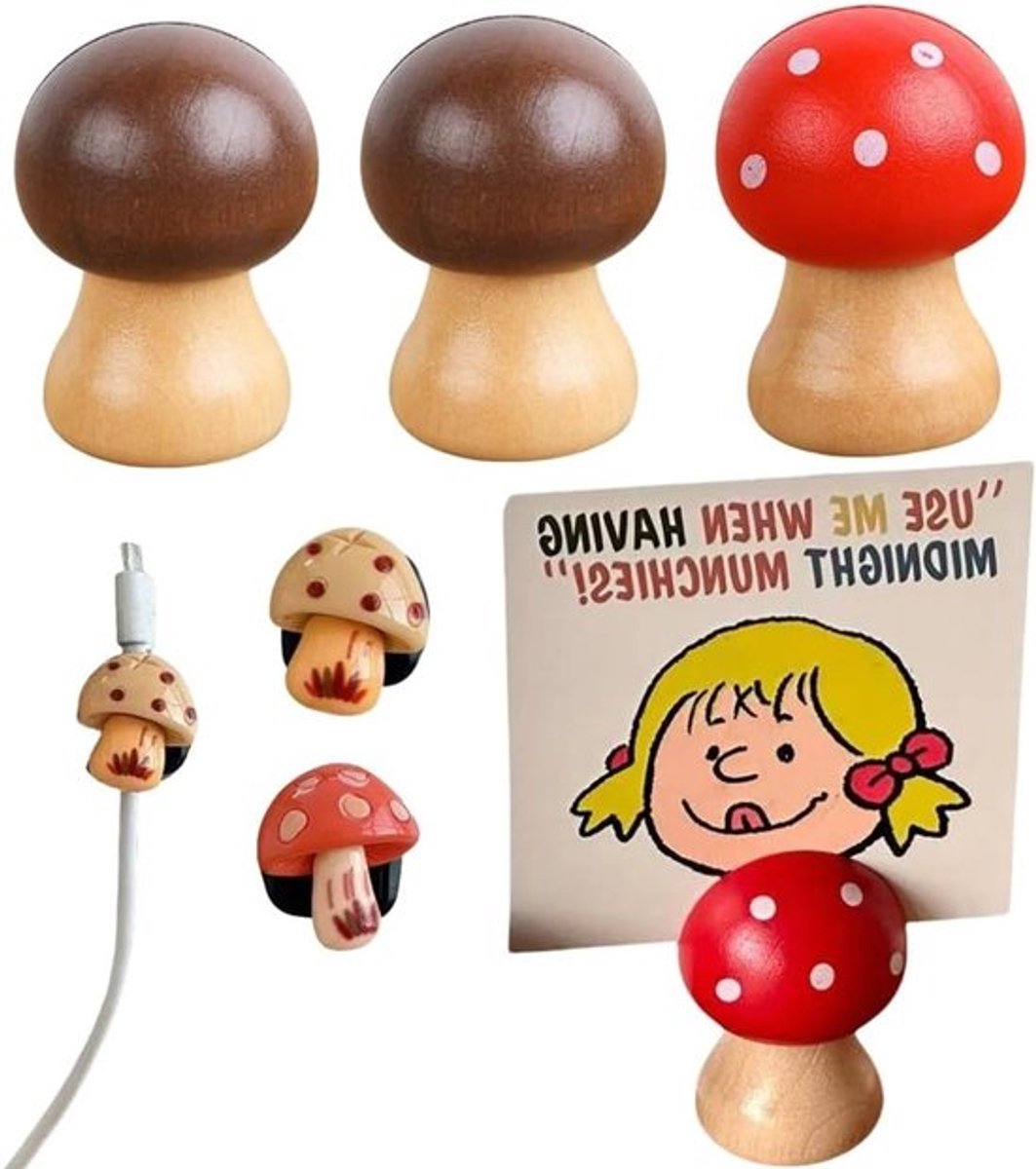 Decoratieve Houten Paddenstoelen met Kabelorganizers, Foto- en Motivatiehouder voor Kantoor en School, Perfect Cadeau voor Studenten en Professionals
