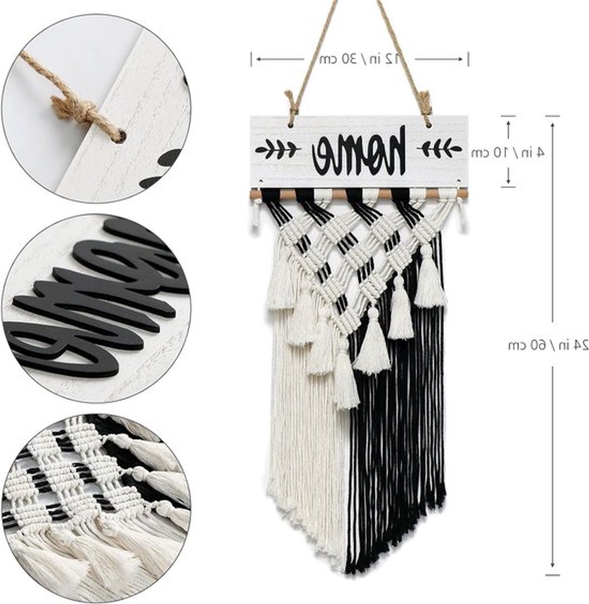 Macramé lettersticker in boho zwart-wit, handgemaakte geweven kwastjes voor wanddecoratie, Boheemse interieuraccessoires voor slaapkamer en woonkamer