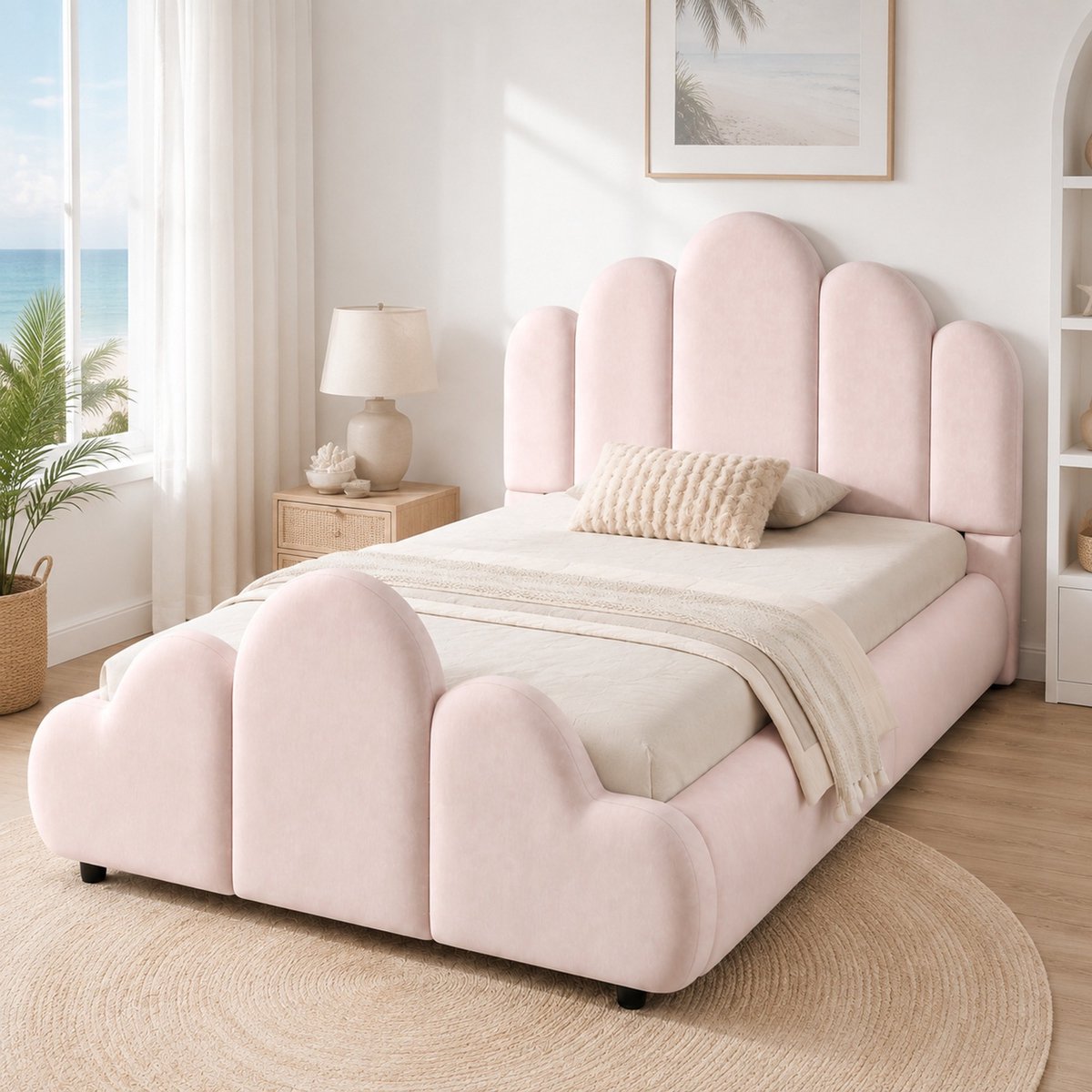 DESMIU Gestoffeerd Bed 90 x 200 cm – Kinderbed Met Lattenbodem – Rond Afgeronde Hoeken En Wolkvormig Hoofdbord – Opbergruimte – Voor Kinderkamer – Zacht Velvet – Roze – Zonder Matras