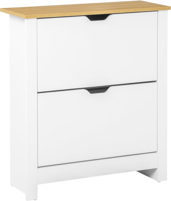 MIVRAY Schoenenkast - Ruimtebesparende Schoenkipper Met 2 Klappen Voor 12 Paar - Wit Met Houtlook Bovenblad - 72x26x80 Cm — afbeelding 3