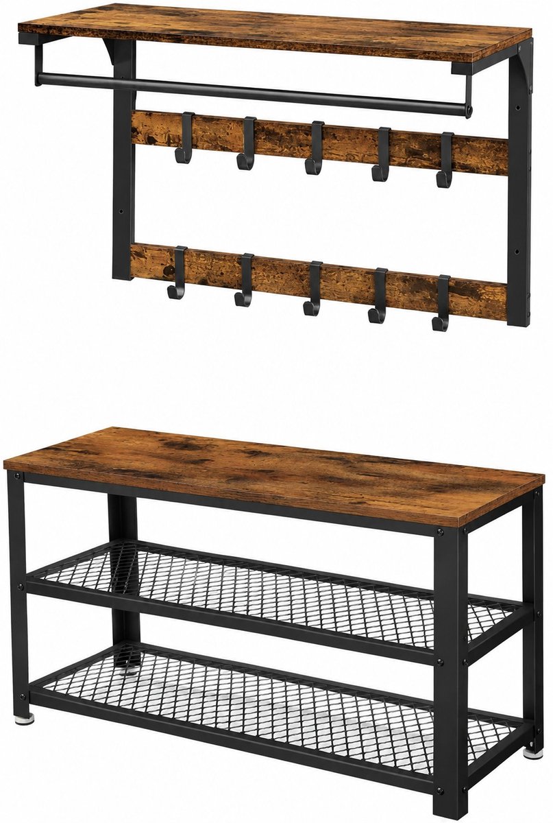 Chelsey-Store - Kapstok - Kapstok met schoenenrek - Halmeubel met kapstok - Schoenenbank met kapstok - Set van 2 - Bruin-Zwart