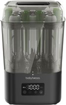 Zwarte Baby Brezza sterilisator met transparant deksel en groene steunen binnenin.