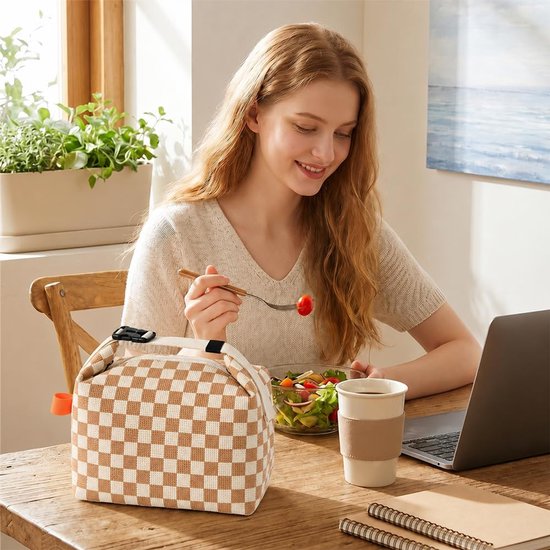Kleine Lunchtas - 2 stuks - Thermal Bag - Koeltas - lunchtas dames corduroy - Opvouwbare Lunchtas - verstelbare handgreep - voor picknick, School, Lunch - 24x14x22cm - bruin em zwart — afbeelding 3