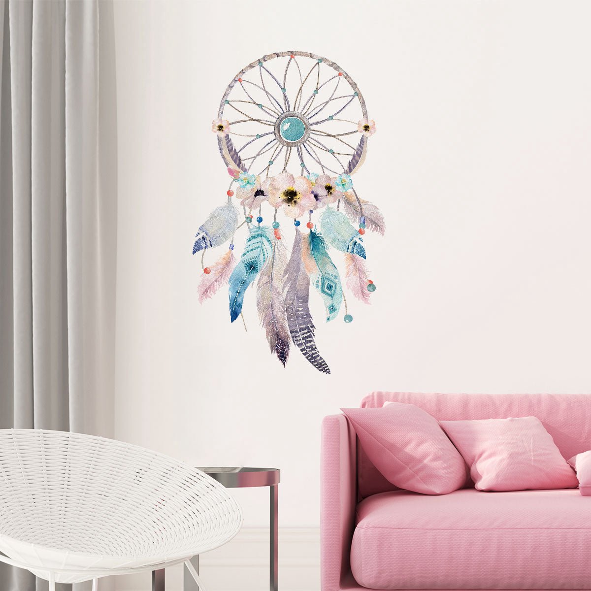 Ambiance Sticker Muurstickers - Boheemse dromenvanger met veren en fantasiemotief - Stickers met transparante achtergrond - 35x20cm Multi color