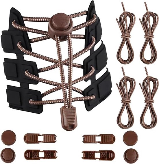 Zwarte en bruine elastische veters met snelsluiting en reserveonderdelen.