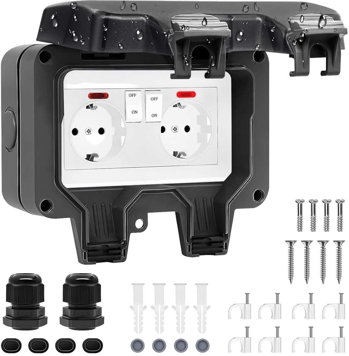 Thijox - Buitenstopcontact IP66 Waterdicht met Schakelaar en Controlelampje, Geaard Tuinstopcontact voor Vochtige Ruimtes, Stofdicht en Weerbestendig,