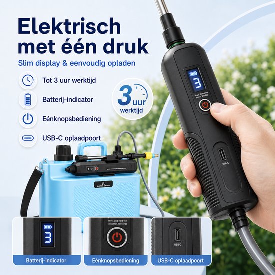 MUPOO Elektrische Drukspuit zuurbestendig 8L-draagbare Plantenspuit Accu- tuinsproeier met 4 Sproeikoppen-onkruidspuit-gifspuit- 3 Standen - Blauw — afbeelding 4