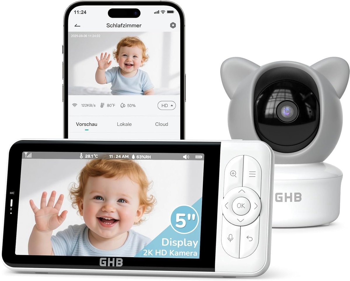 SnelShoppen - Baby Bewakingscamera 2K Wifi met PTZ, 350°/65° Beweging, Geluidsdetectie, Temperatuur- en Luchtvochtigheidssensor, Nachtzicht, 4x Zoom,