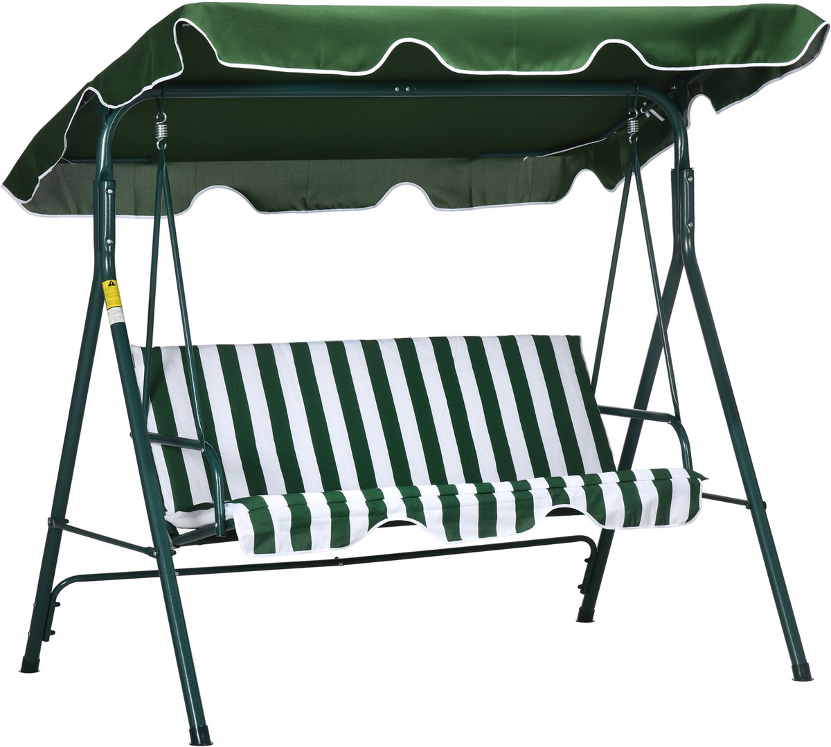 3-zits tuinschommelstoel met kussen, verstelbare luifel en stalen frame, 172x110x153 cm Groen met witte strepen