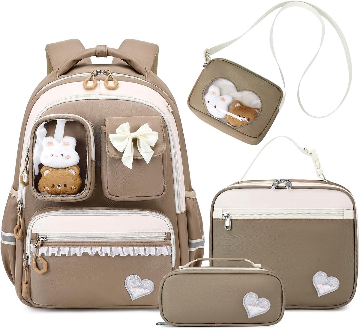 SnelShoppen - Schattige Meisjes Rugzak voor Kinderen - 4-delige Set met Lunchbox, Schoudertas en Vakken voor Organisatie - Bruin, Ideaal voor School,
