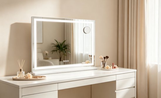 OMNIEXA make-upspiegel met heldere LED-randverlichting en een verlichte cirkel rechtsboven, geplaatst op een witte kaptafel naast make-up accessoires.