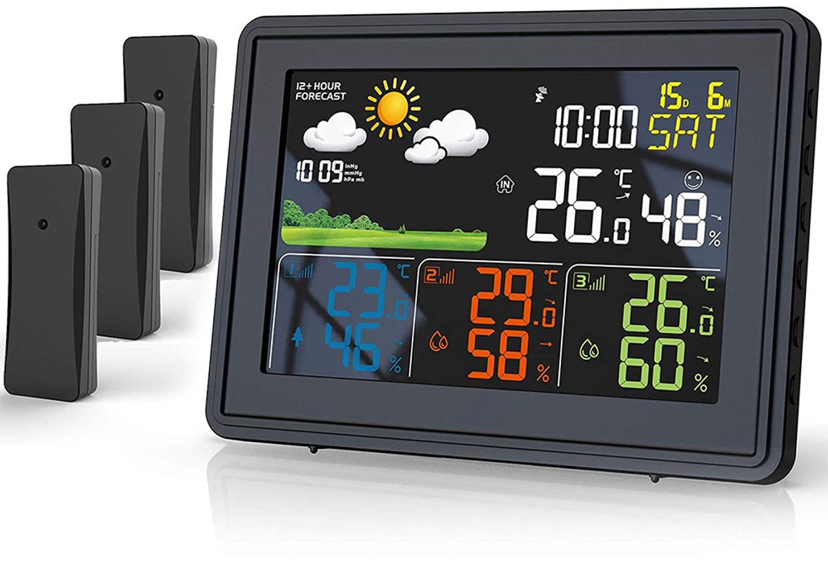 Weerstation Binnen en Buiten - Draadloos - Met Buitensensor - Temperatuur en Luchtvochtigheid - Digitaal - Hygrometer - Luchtvochtigheidsmeter - Zwart