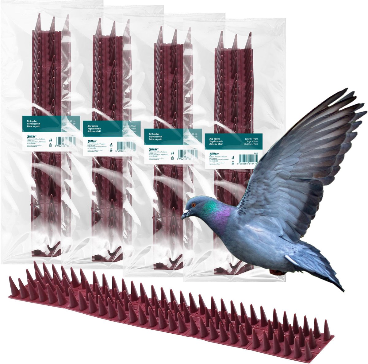 Sillar 4x Duivenpinnen - Anti-Dier Pinnen 49 cm – Bescherming tegen katten, marters en vogels – 105 spikes 3cm, kunstoft - UV-bestendig