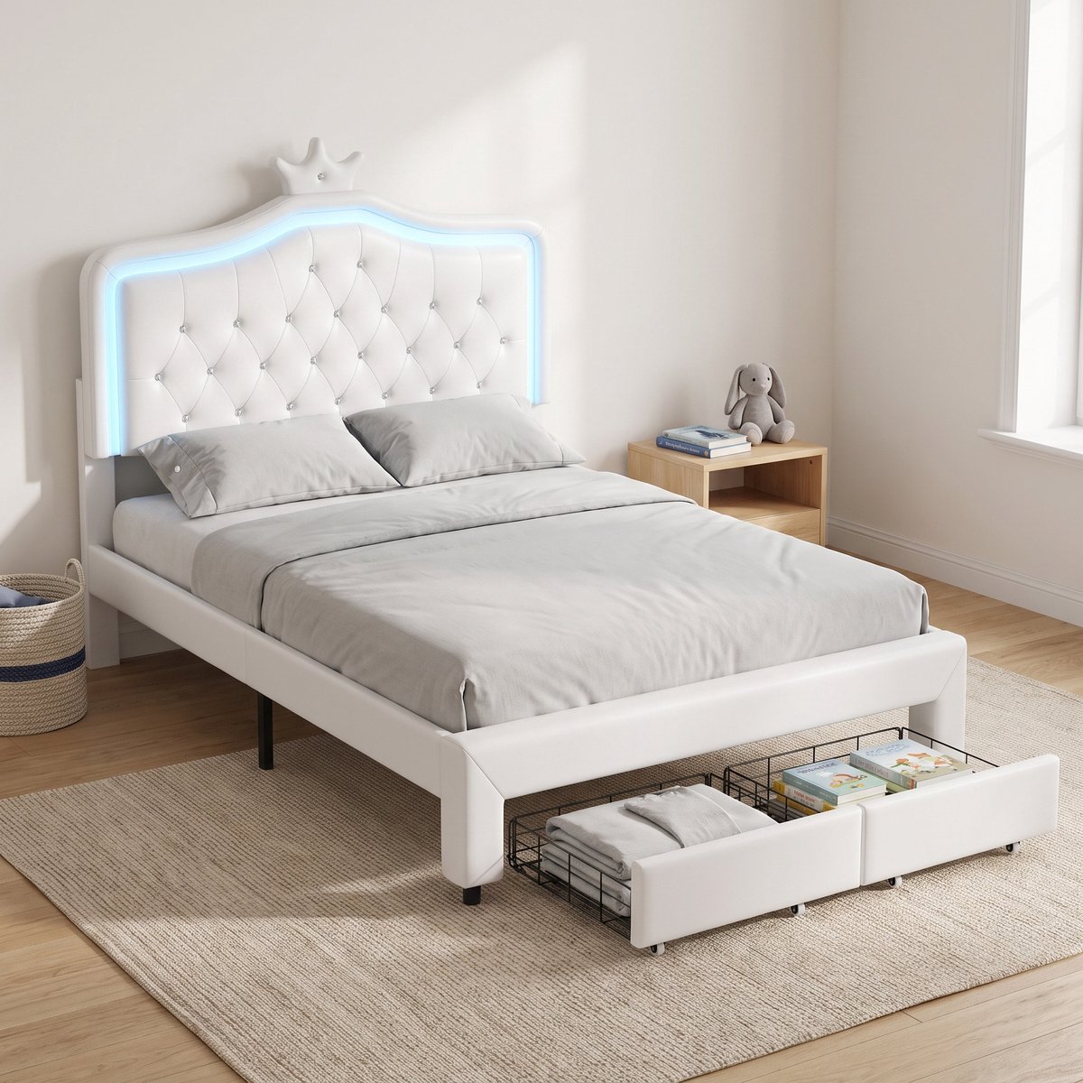 Gestoffeerd Kinderbed 140x200 cm - Opbergbed met 2 lades en LED - Tweepersoonsbed - Kunstleer - Wit
