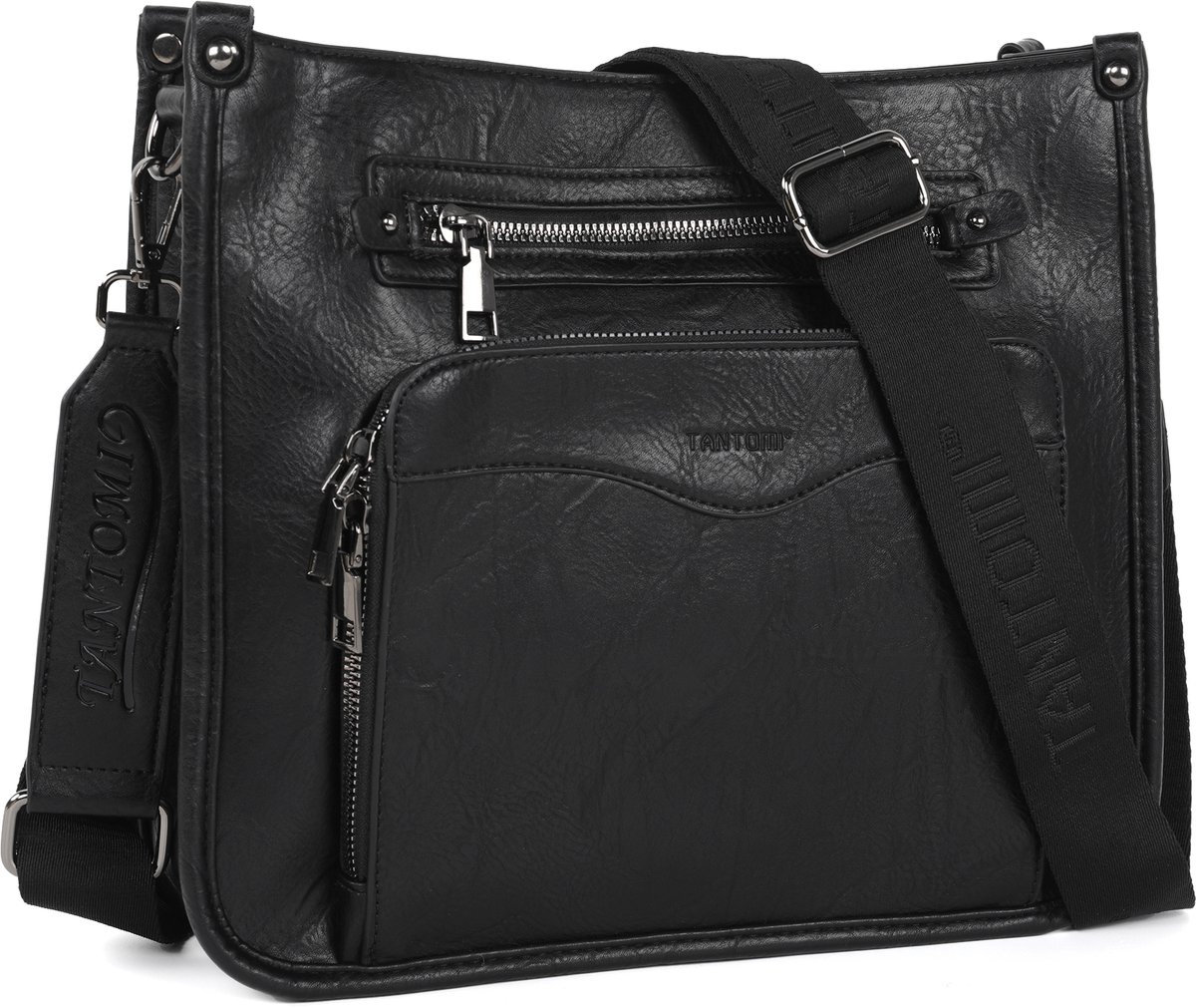 TANTOMI - Schoudertas Dames - met 6 RFID-Kaartsleuven - Multi-rits ontwerp - Middelgrote Schoudertas Dames Crossbodytas - met Brede Band Verstelbare en Afneembare - Zwart