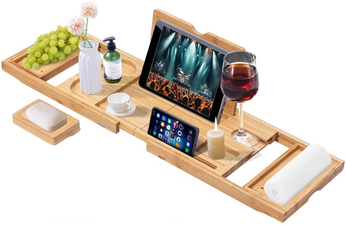 Livista Badplank Bamboe – Uitschuifbare Bad Caddy voor Badkuip – – Voor Badkuipen van 72–104cm – Badrek met Tablethouder, Telefoonhouder, Wijnglashouder – Antislip – Compact Opvouwbaar (36cm)
