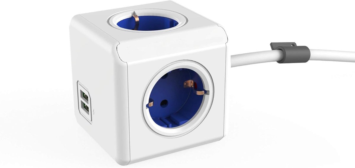 SnelShoppen - Power-Cube Extended DuoUSB Met 4 Stopcontacten, 2 USB Poorten, Bureau Montage Kit en 1.5 m Kabel - Blauw/Wit, Ideaal voor Thuis, Kantoor