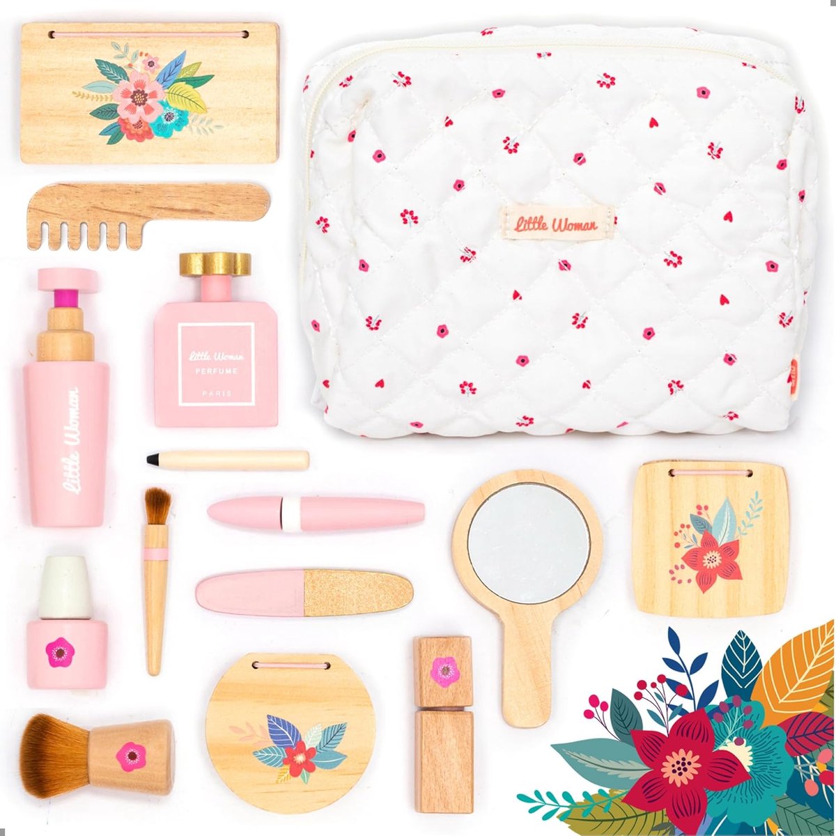 Thijox - Kinderschminkset Houten Make-up Set voor Meisjes met Lippenstift, Parfum, Poeder en Cosmetica Tasje - Speelgoed voor Kinderen vanaf 3 Jaar