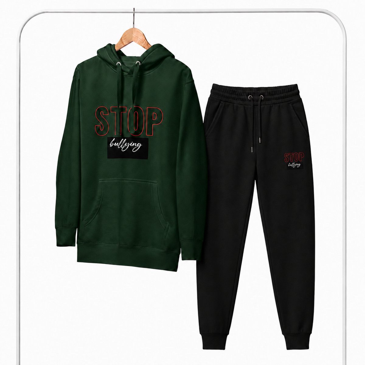 Trainingspak Heren – Hoodie Heren – Sportbroek Heren – STOP BULLYING – Katoen - Donkergroen - 3XL