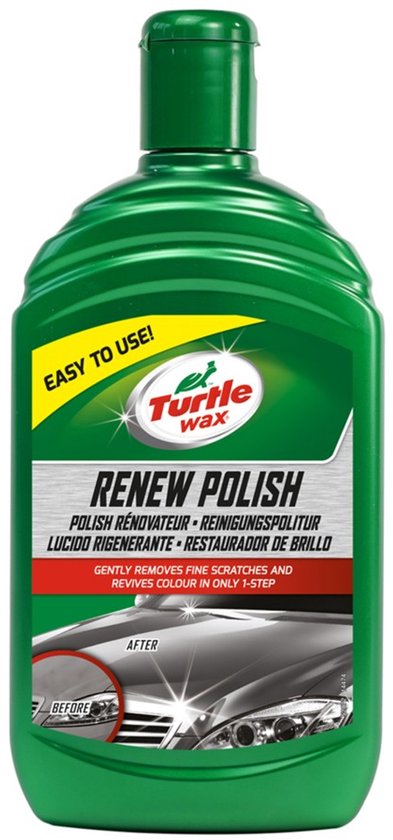Bouteille verte de Turtle Wax Renew Polish avec étiquette de voiture.