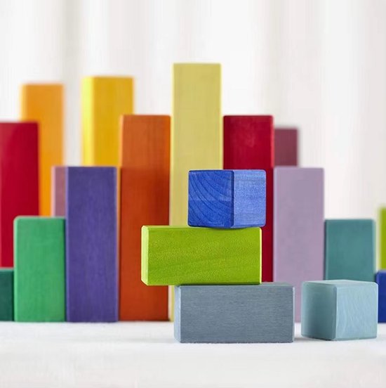 Houten blokken in tray - Regenboogkleuren - 100 blokken - Open einde speelgoed - Educatief montessori speelgoed - Grapat en Grimms style van Houten — afbeelding 4