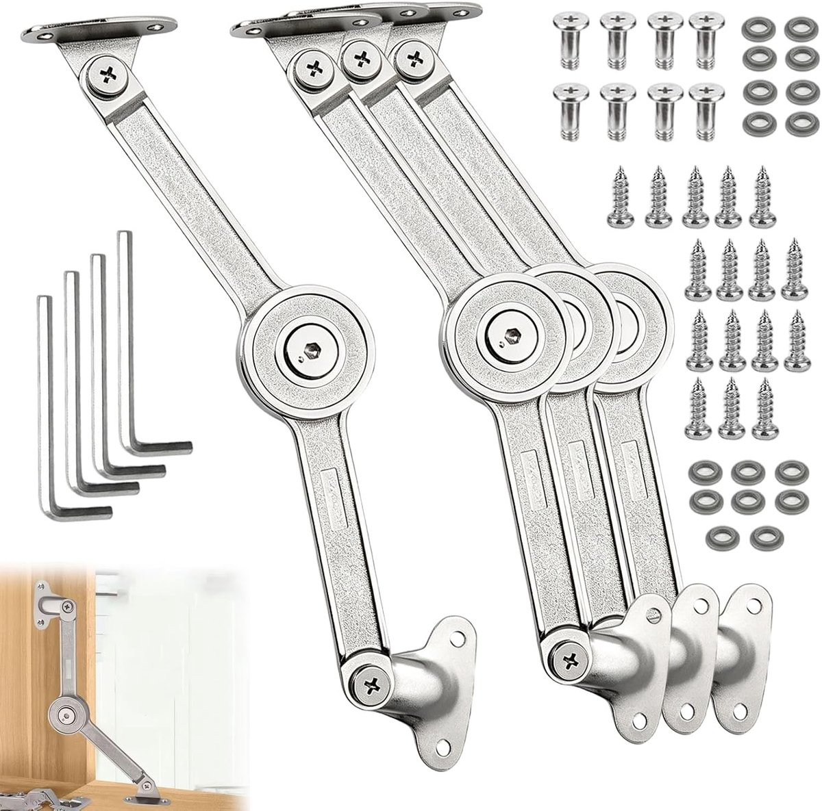 Klappenhouder set van 4, dekselsteun scharnier voor kastdeuren, klepbeslag en klapscharnier met openingshoek 75 ° / 90 ° / 110 °, ideaal voor keukenkasten en meubels