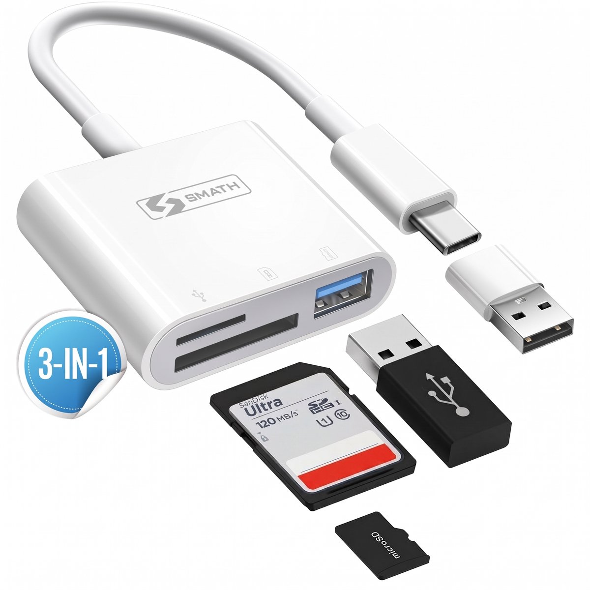 Smath® SD Kaart Lezer 3 in 1 - Micro SD en TF Card Reader - Geheugenkaartlezer USB C - Inclusief USB C naar USB A Converter - Geschikt voor Macbook Air en Pro - Windows - Universeel - Wit