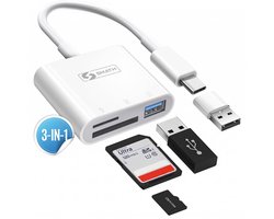 Smath® SD Kaart Lezer 3 in 1 - Micro SD en TF Card Reader - Geheugenkaartlezer USB C - Inclusief USB C naar USB A Converter - Geschikt voor Macbook Air en Pro - Windows - Universeel - Wit