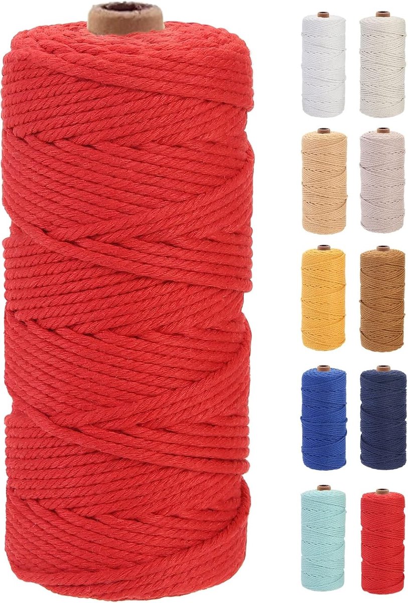 Premium Katoenen Macramé Touw 3mm x 100m, Zacht en Sterk voor DIY Decoratie en Handwerken (Rood)